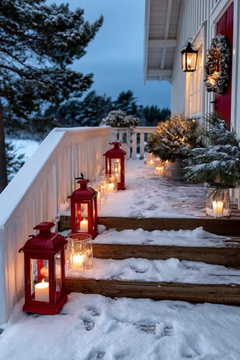 29. Glowing red lanterns and glass votives on a snowy porch at twilight - photo 2