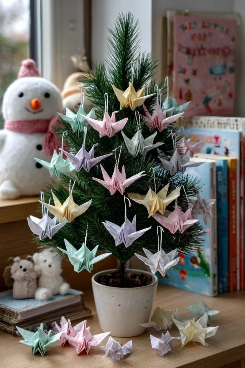 10. Tabletop tree with pastel origami cranes and stars