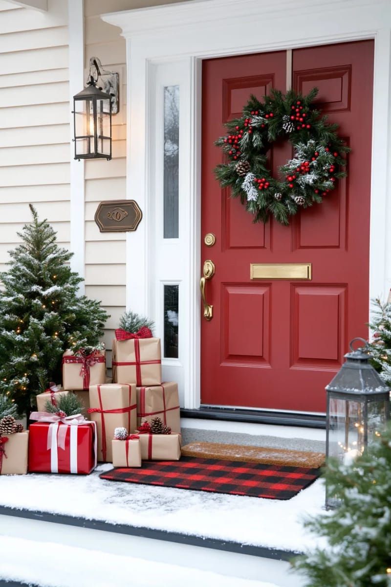 24. Red Door Styled with Layered Wreaths and Plaid Mat
