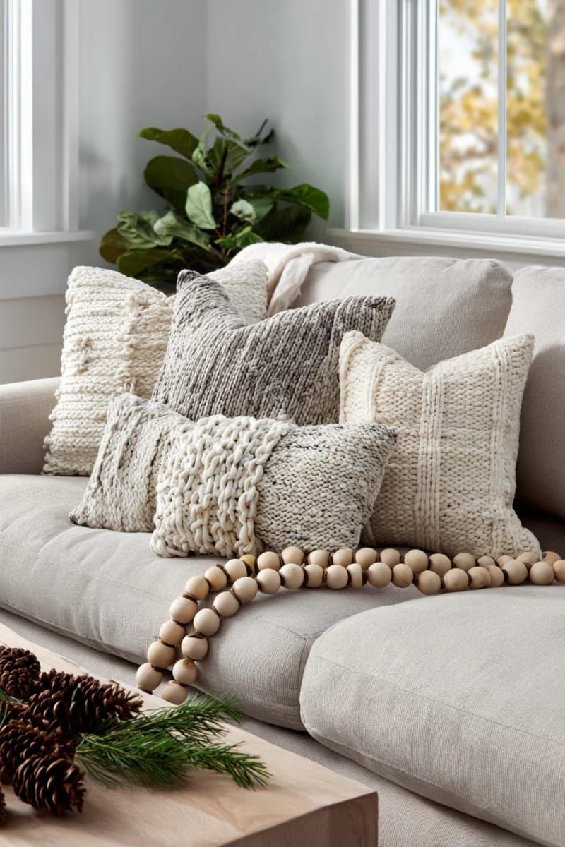7. Wooden Bead Garland on Knit Pillows - photo 2