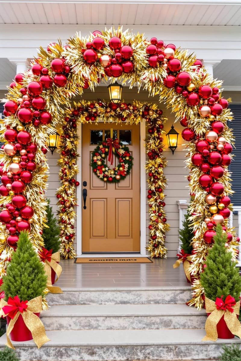 15. Gold Tinsel And Red Ornament Archway Entrance - photo 3