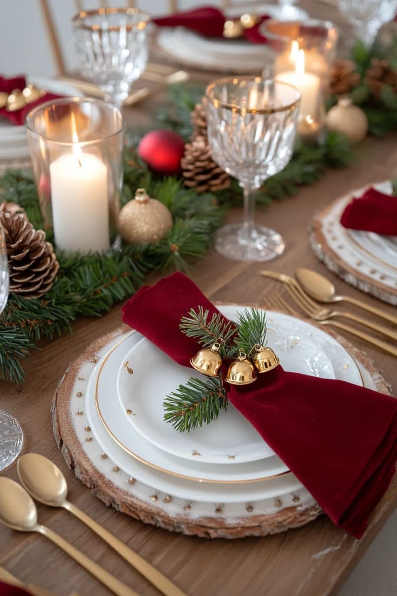 1. Velvet Red Napkins With Gold Bells and Pine - photo 2