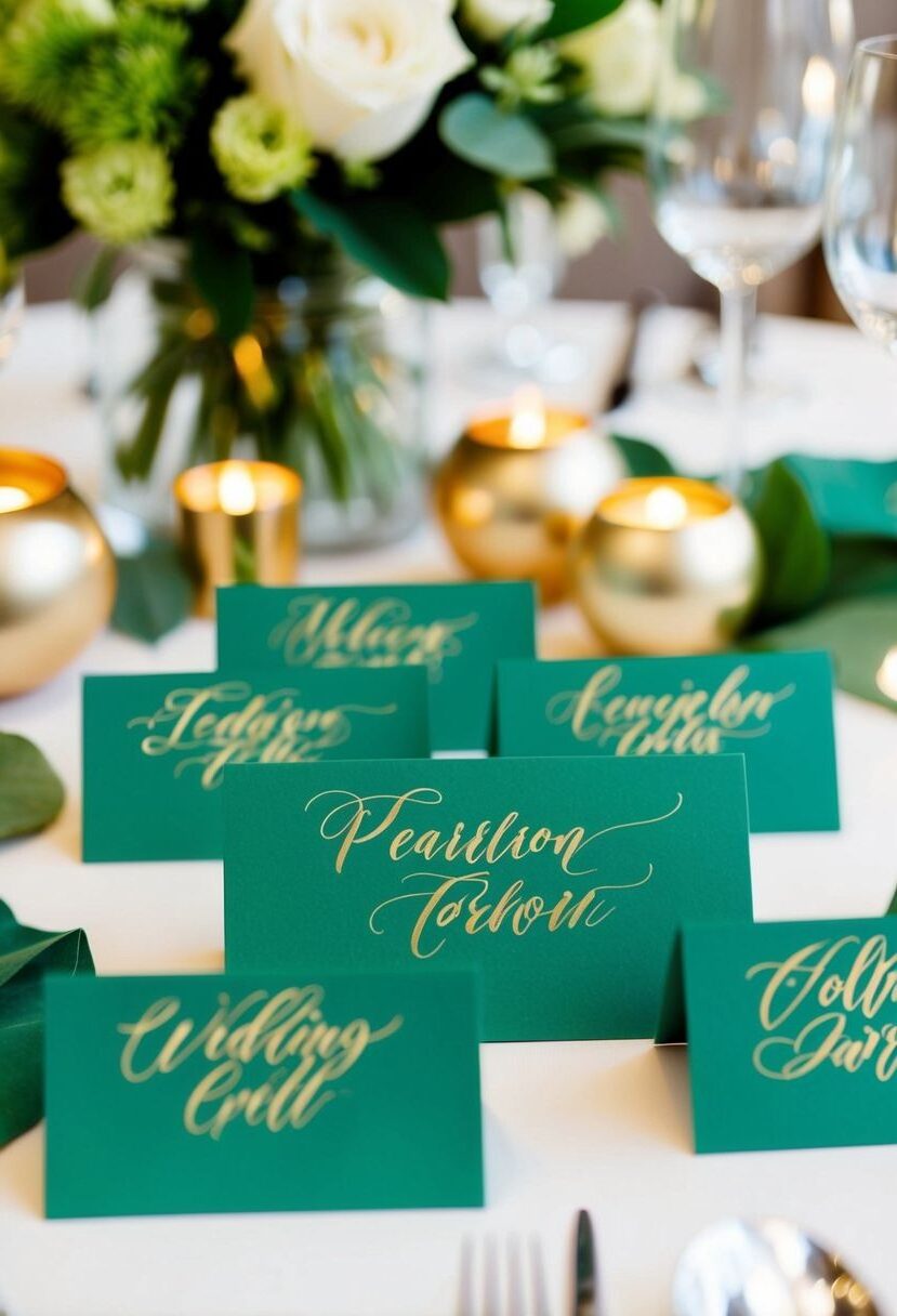 10) Pearlescent green place cards with gold script