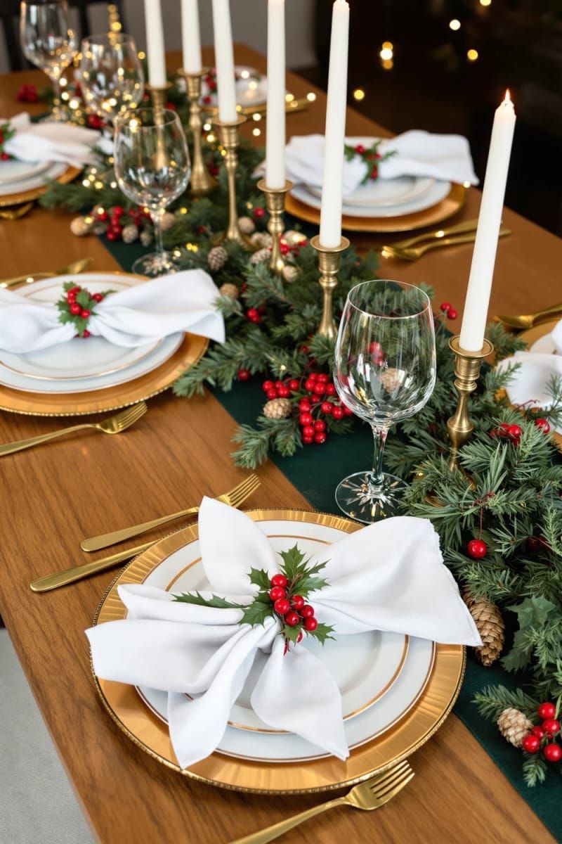 2. Gold-rimmed plates with holly napkin rings