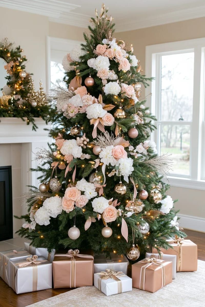 16. Elegant tree with florals, pearls, and gold ribbon