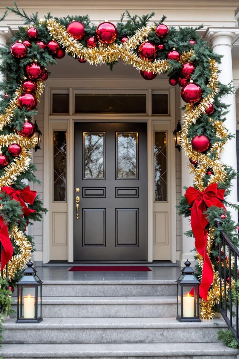 15. Gold Tinsel And Red Ornament Archway Entrance