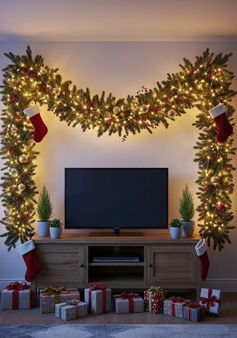 3. Fairy Light Garland for the TV Stand