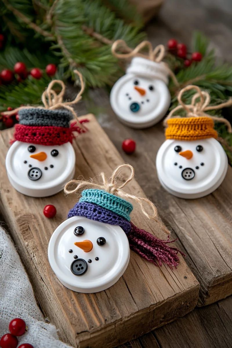2. Bottle or Jar cap snowmen ornaments with button scarves and painted faces