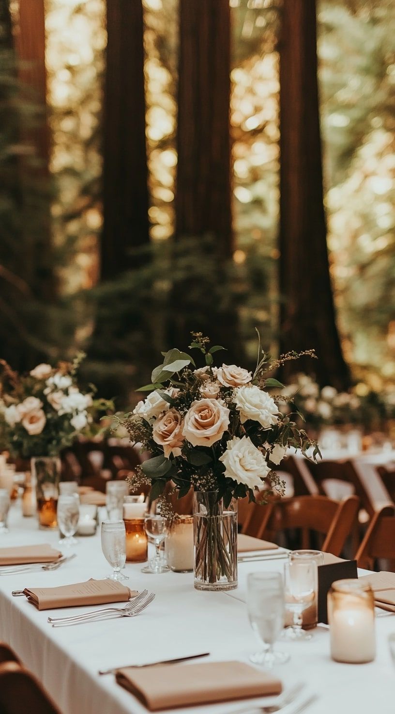 17. Elegant Table Setup for a Forest Reception