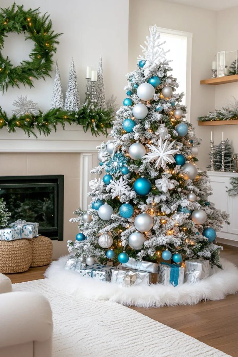 13. Frosted flocked tree in silver, white, and blue - photo 2