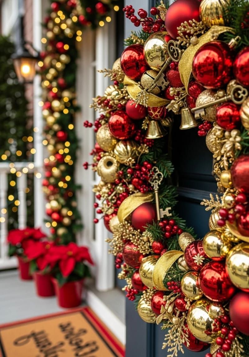 12. Red And Gold Wreath With Vintage Keys And Bells
