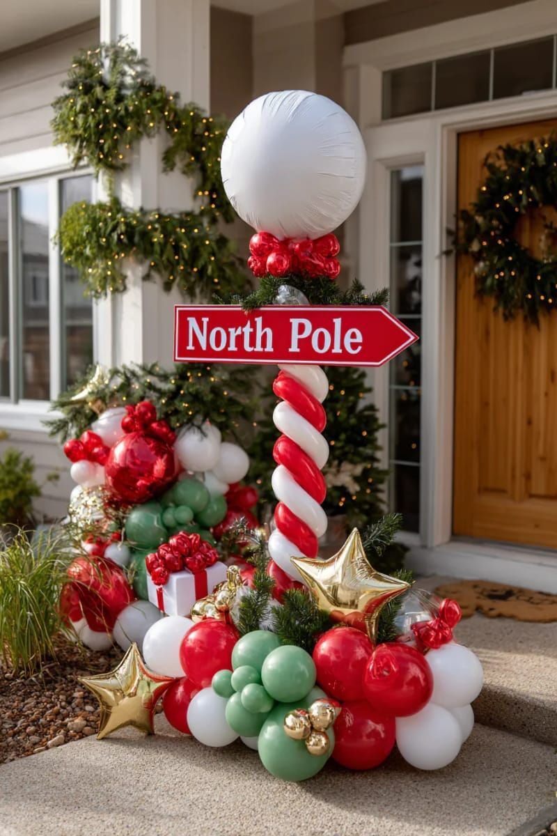 20. Striped balloon North Pole signpost display