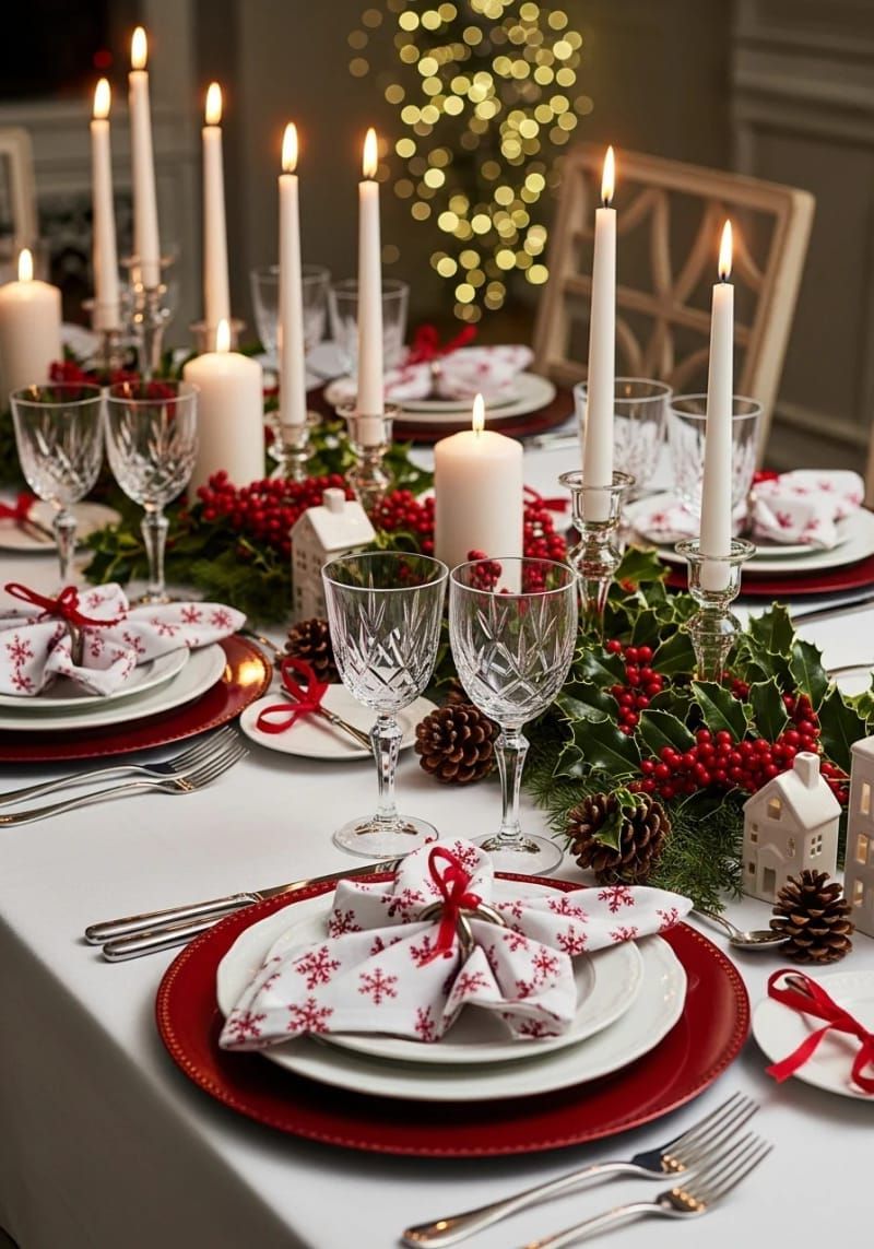 9. Red and white table setting with snowflake napkins