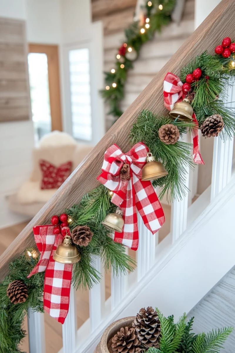 28. Gingham Ribbon Garland On Banister
