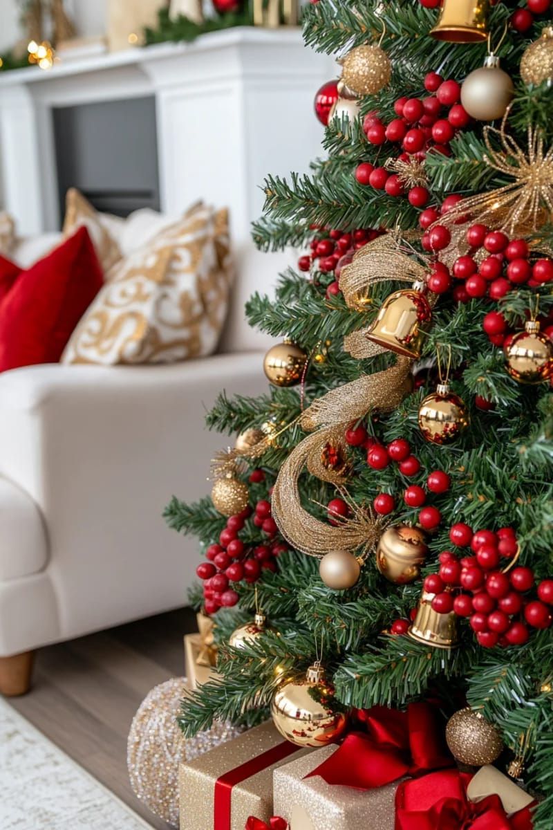 19. Red berries and gold bells for classic tree decor
