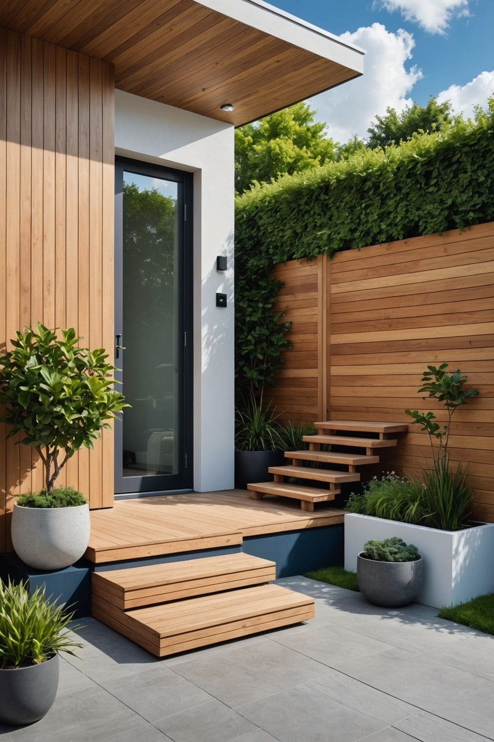 Floating Wooden Steps for a Modern Patio