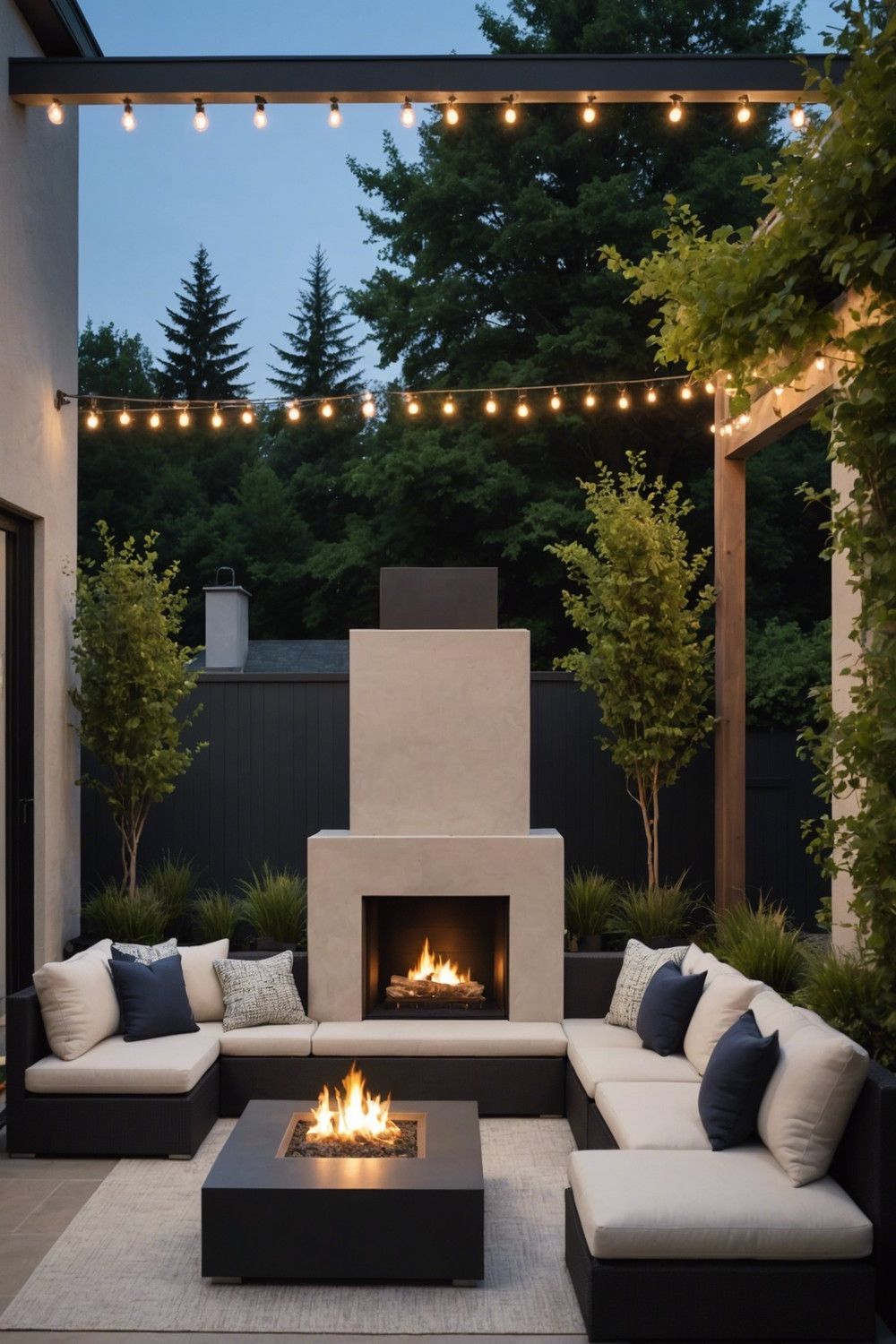Modern Outdoor Fireplace with a Sectional Sofa