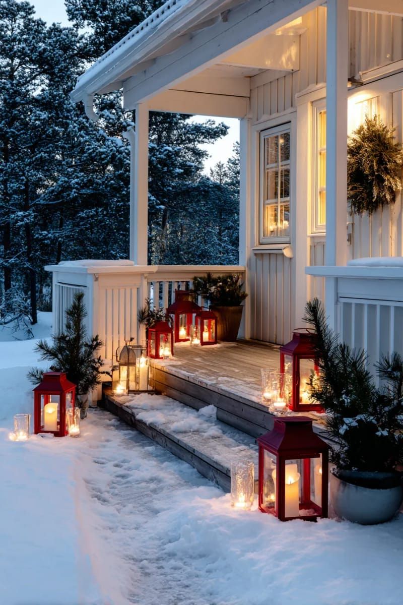 29. Glowing red lanterns and glass votives on a snowy porch at twilight - photo 3