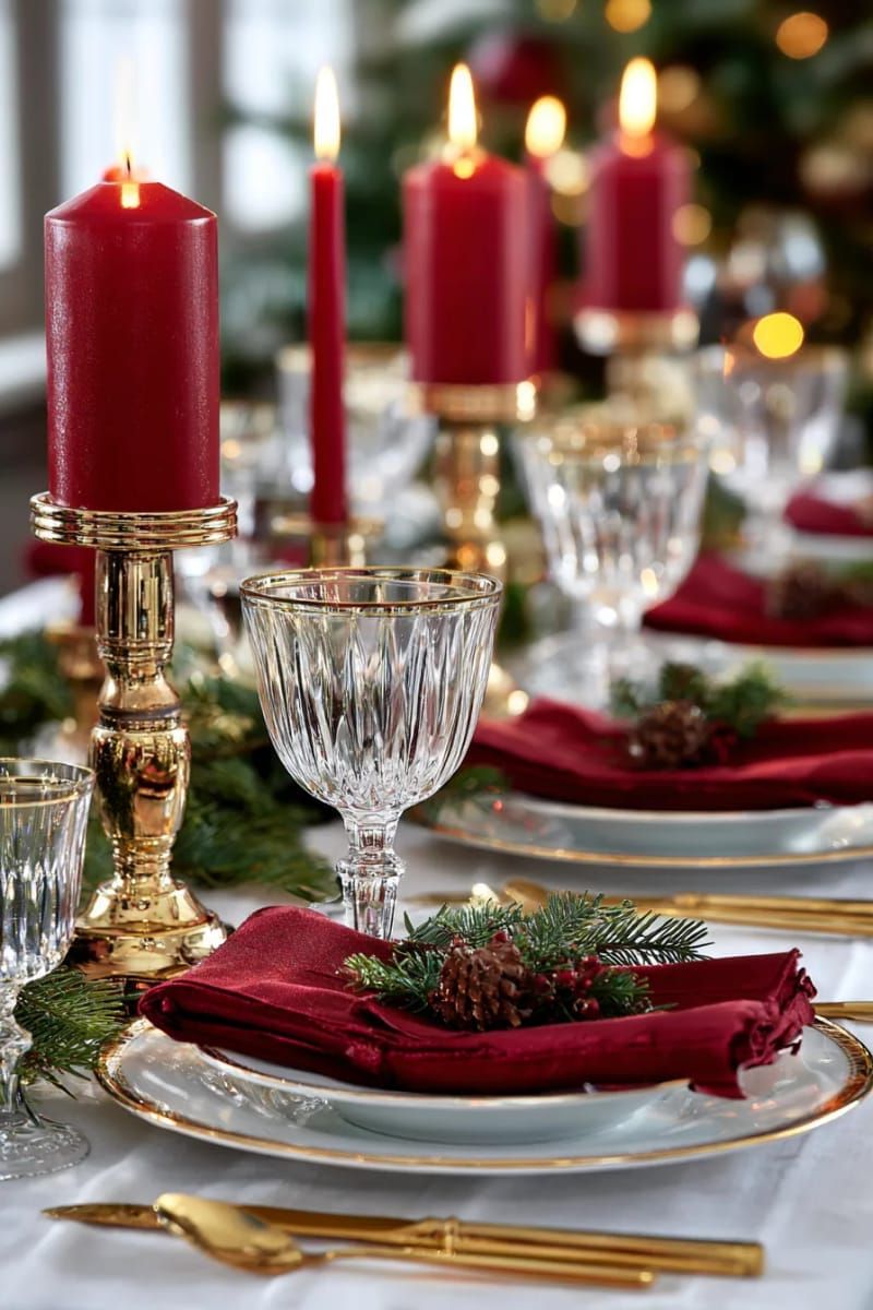 7. Gold-Rimmed Glassware With Red Napkins and Candles