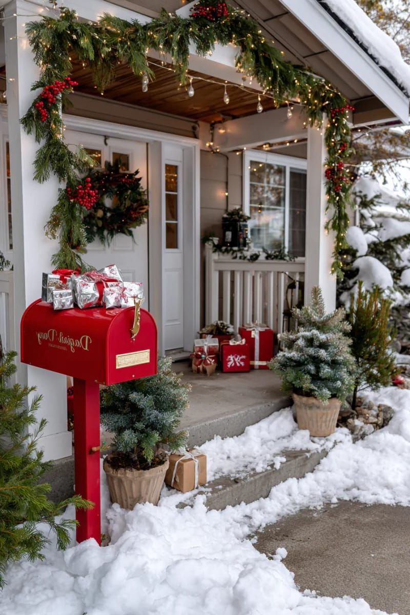 29. Mailbox Decorated with Mini Presents and Faux Snow