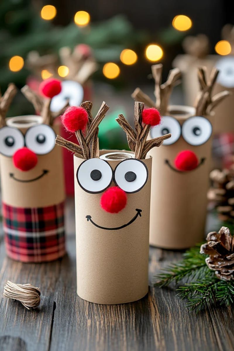 9. Reindeer made from toilet paper rolls with twig antlers and red pom-pom noses