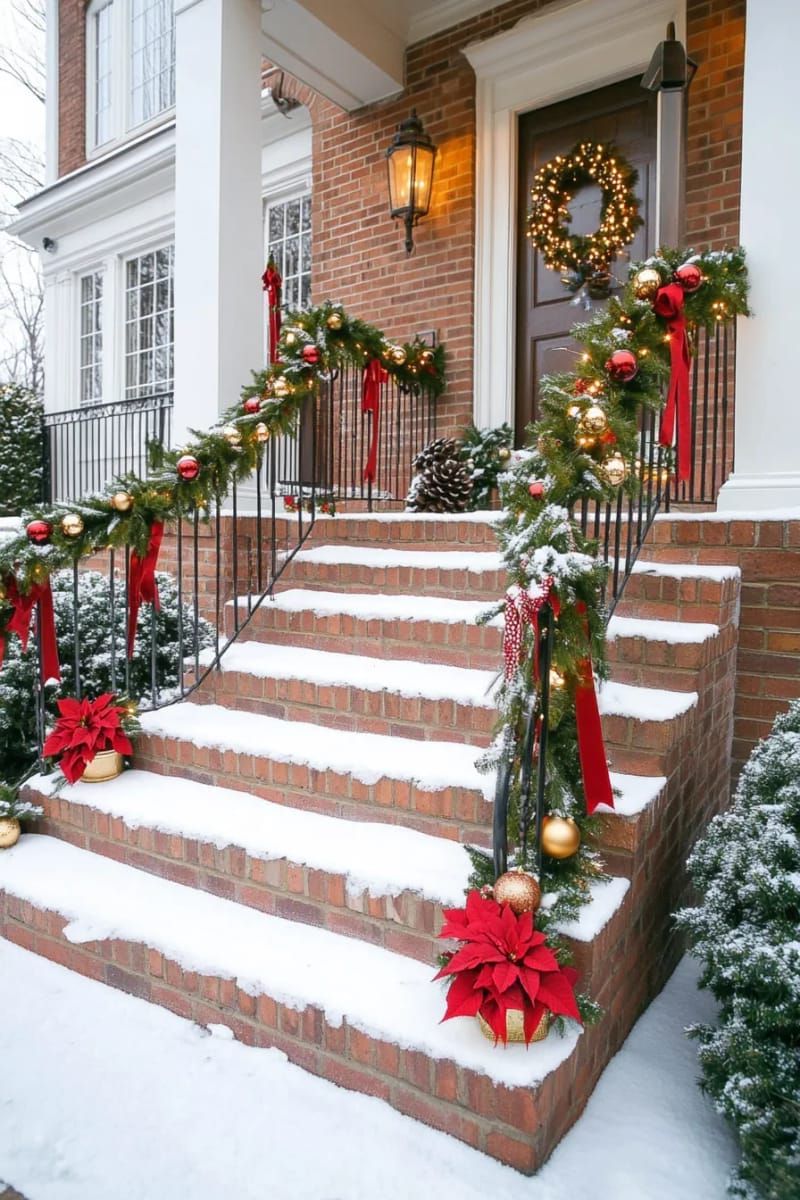 7. Red and Gold Garland on Porch Railings