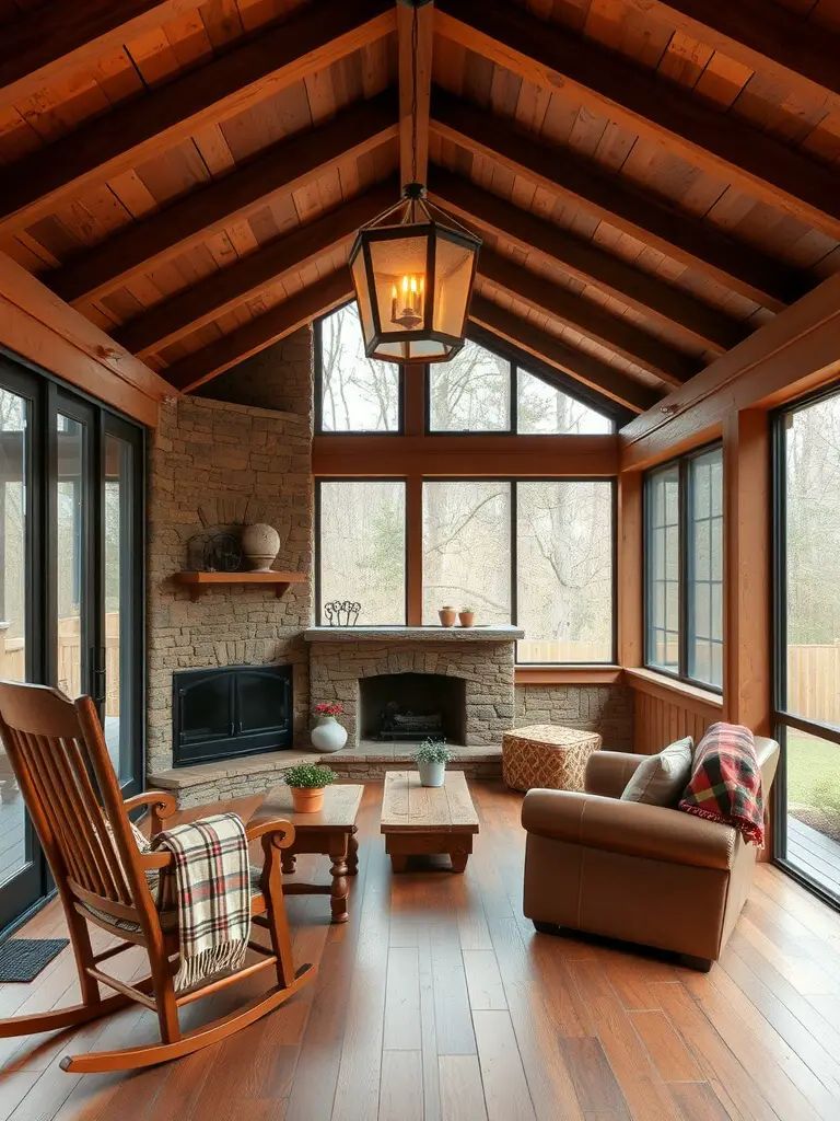 6. Rustic Screened Porch With Wood Beams