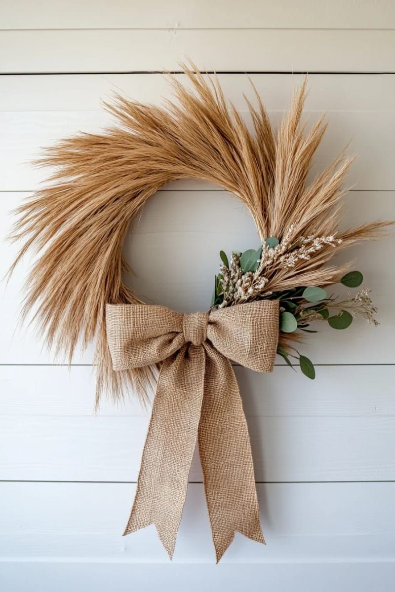 12. Pampas Grass Wreath With Burlap Bow