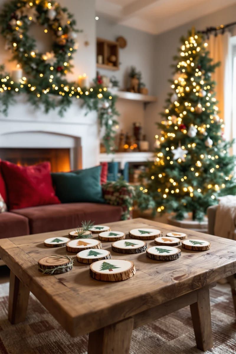 24. Wooden slice coasters featuring hand-painted Christmas tree designs