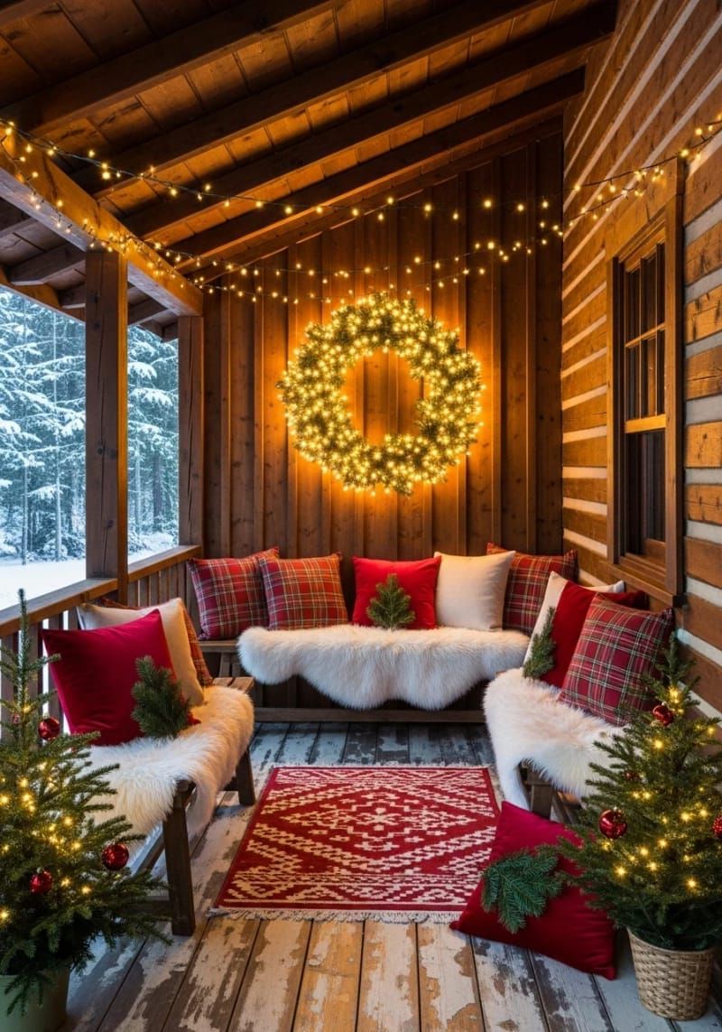 9. Plaid Cushions With Pine Branch Accents