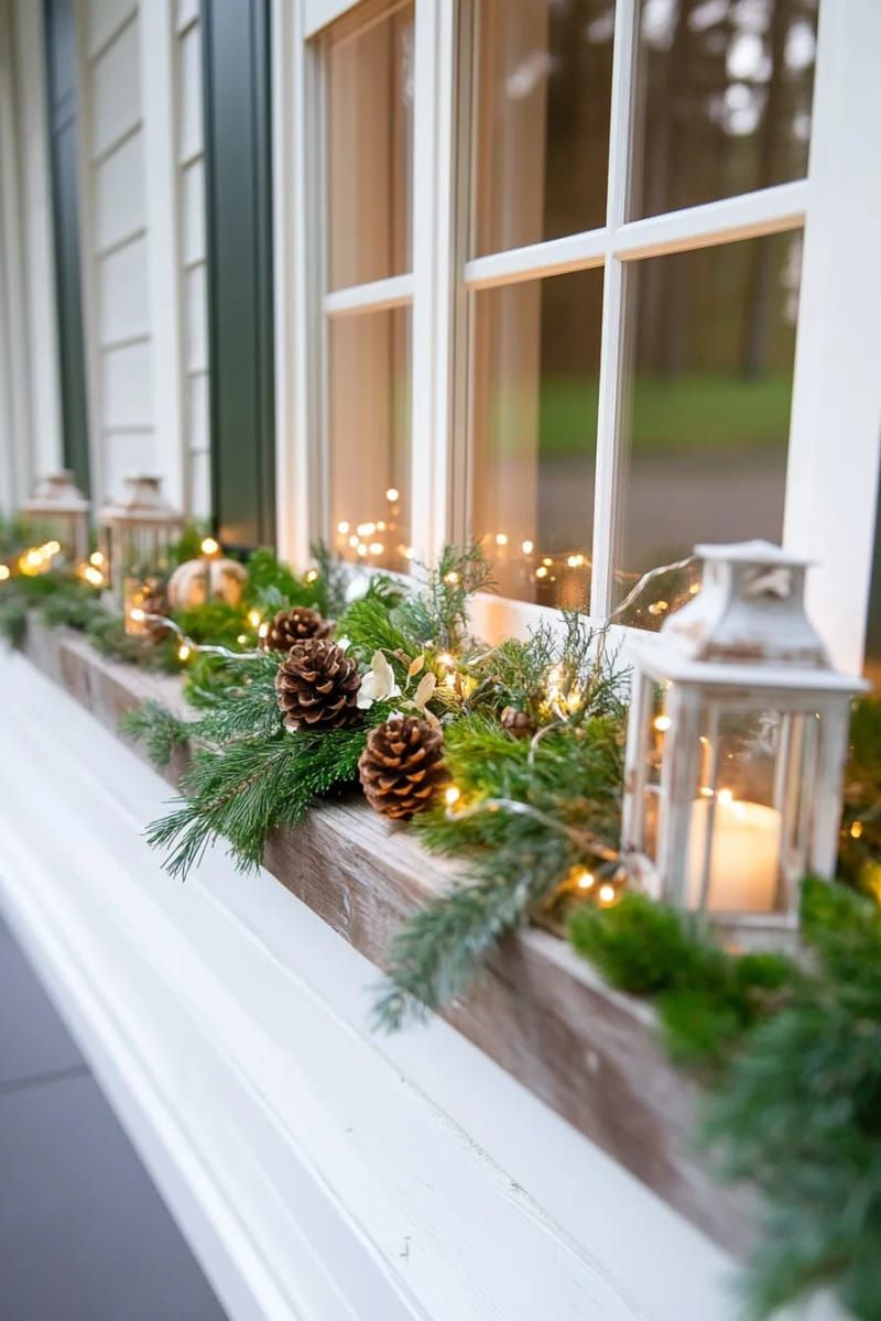 22. Window Frame Wrapped in Lights and Fresh Greenery