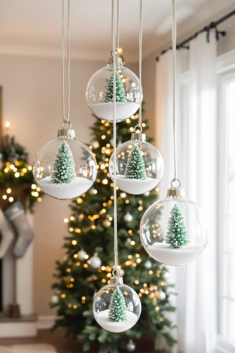 4. Suspended glass decorations containing artificial snow and miniature bottle brush trees