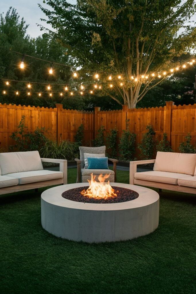 Fire Pit Set in Artificial Grass with String Lights