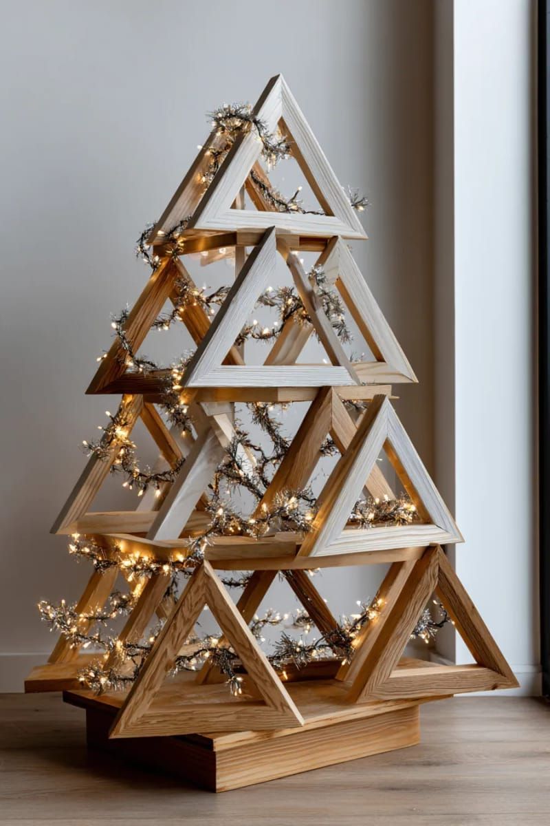 7. Layered Wooden Triangle Tree With Fairy Lights