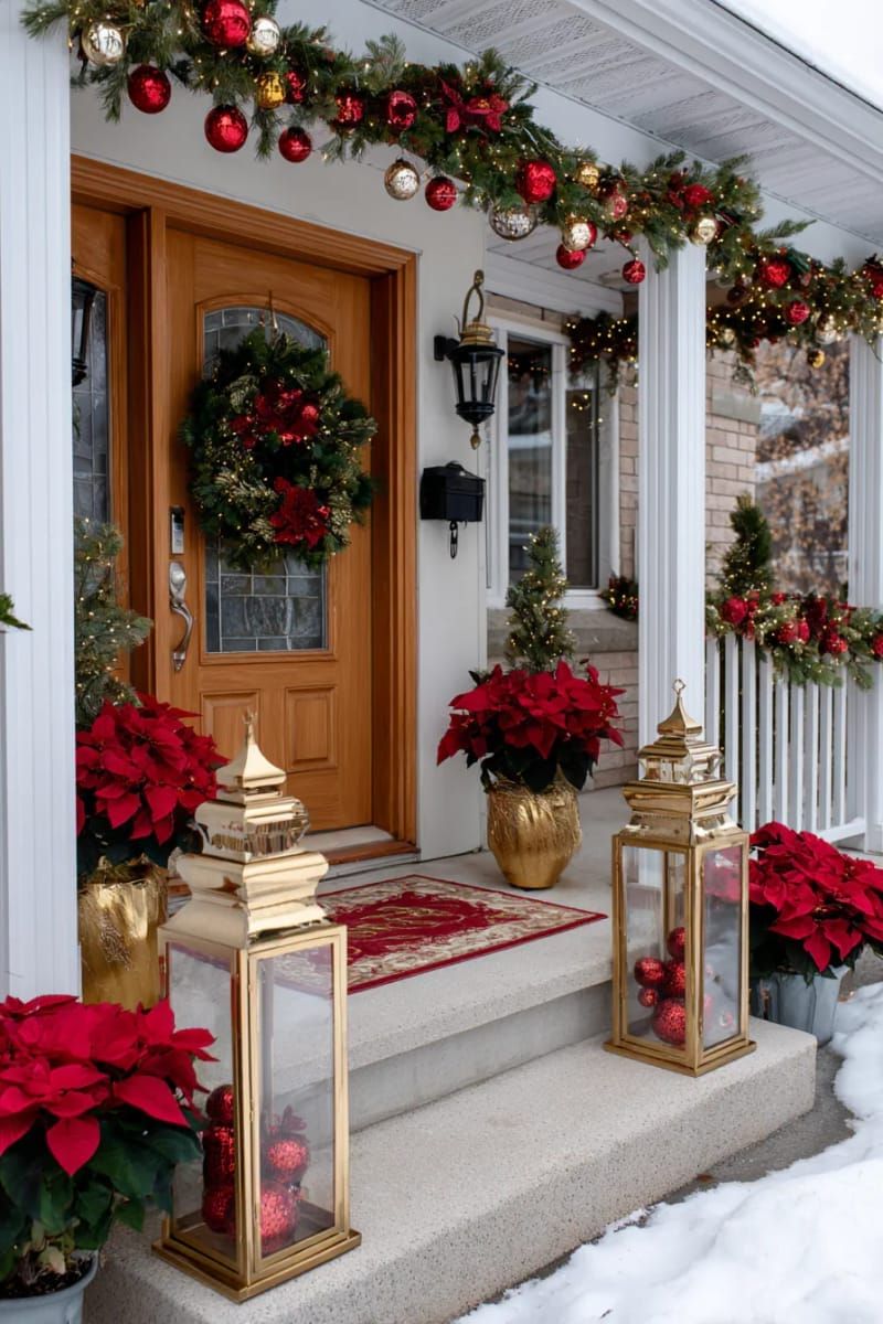 13. Tall Gold Lanterns With Red Ornaments And Fairy Lights