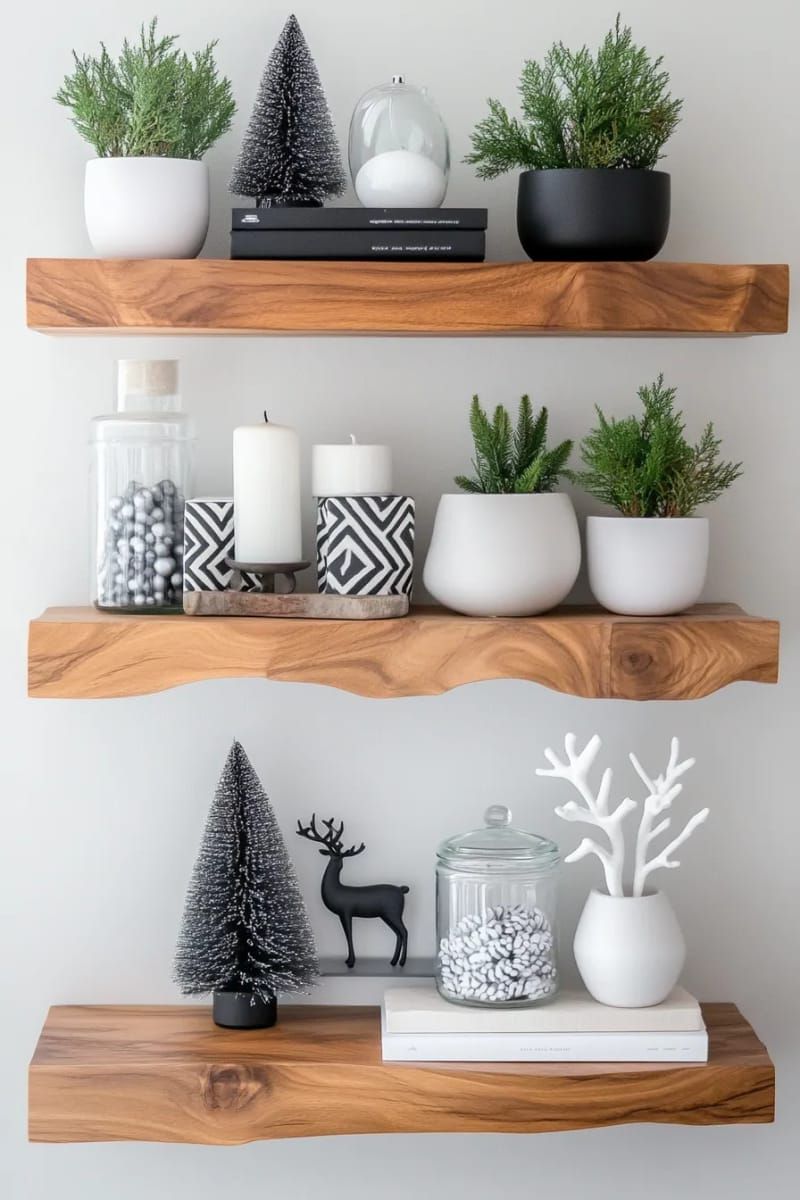 19. Floating Shelves Styled With Monochrome Greenery