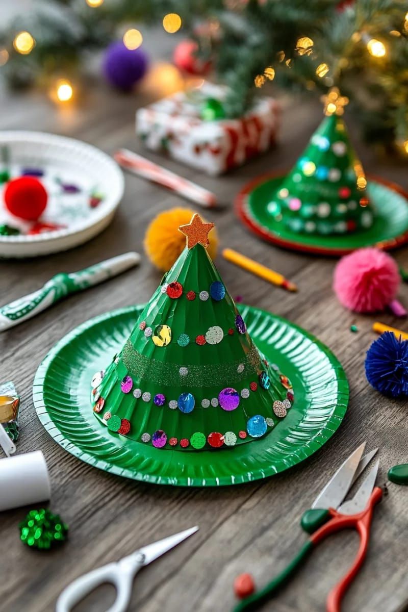 4. Sequin-covered paper plate Christmas trees