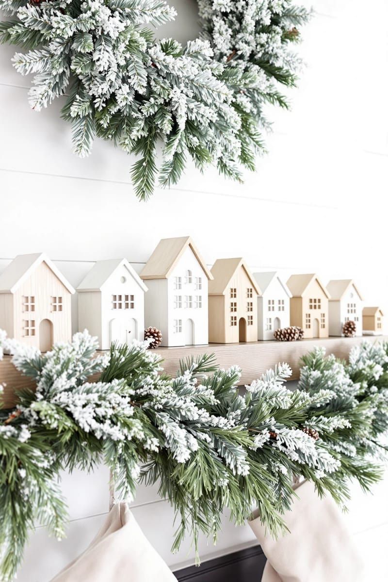 15. Farmhouse Mantel With Wooden Houses And Greenery