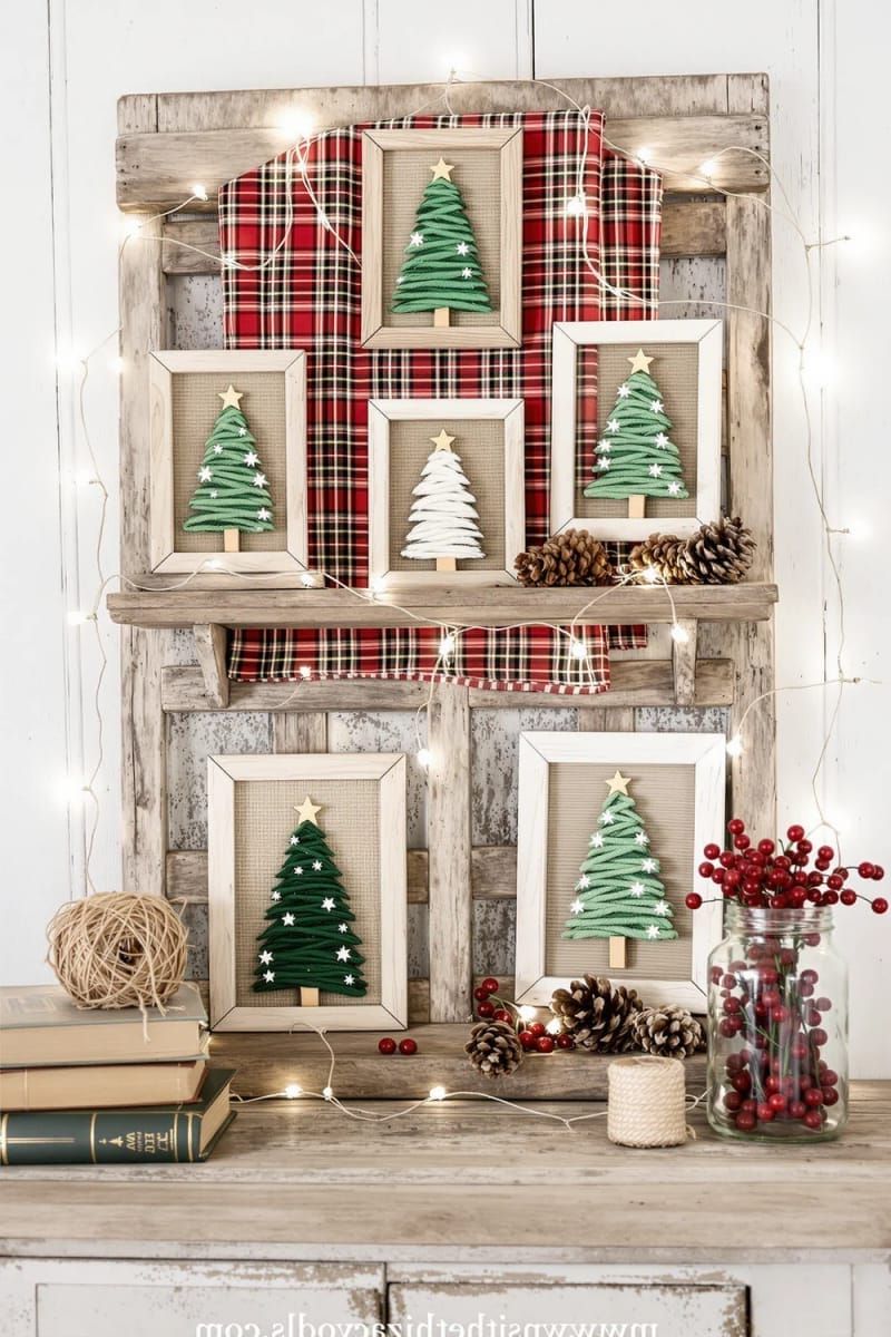 7. Mini Yarn and Twig Christmas Trees in Frames