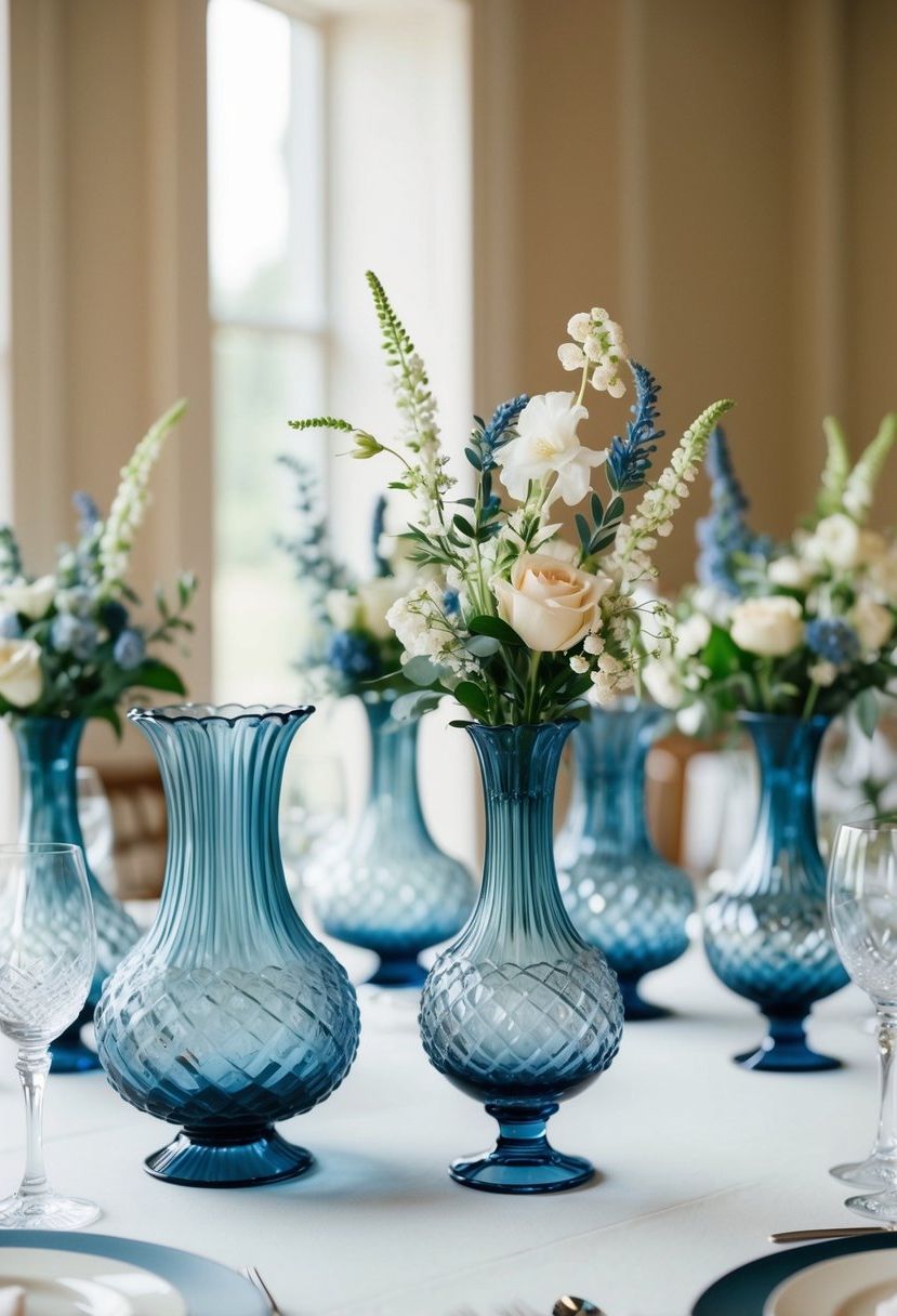 2) Vintage crystal vases in dusty blue