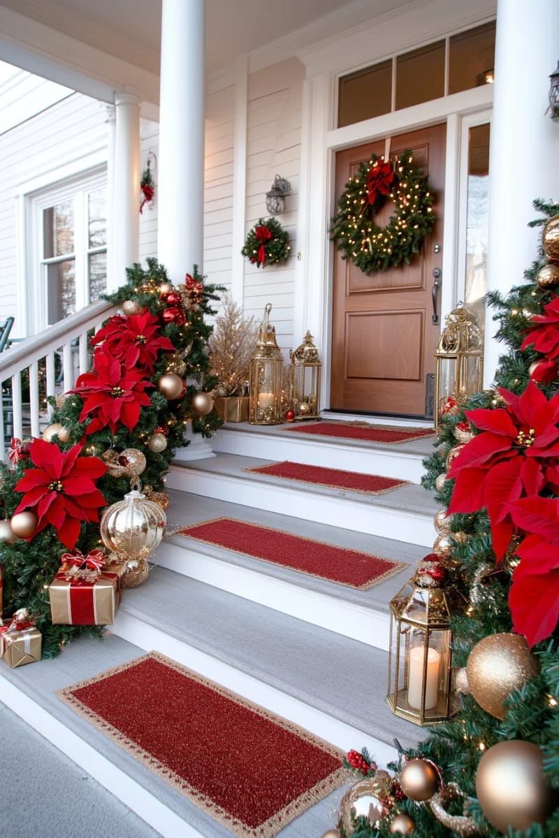 3. Red Poinsettia And Gold Ornament Swag Garland
