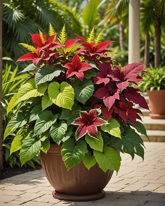 Tropical Coleus Container With Palms and Hibiscus