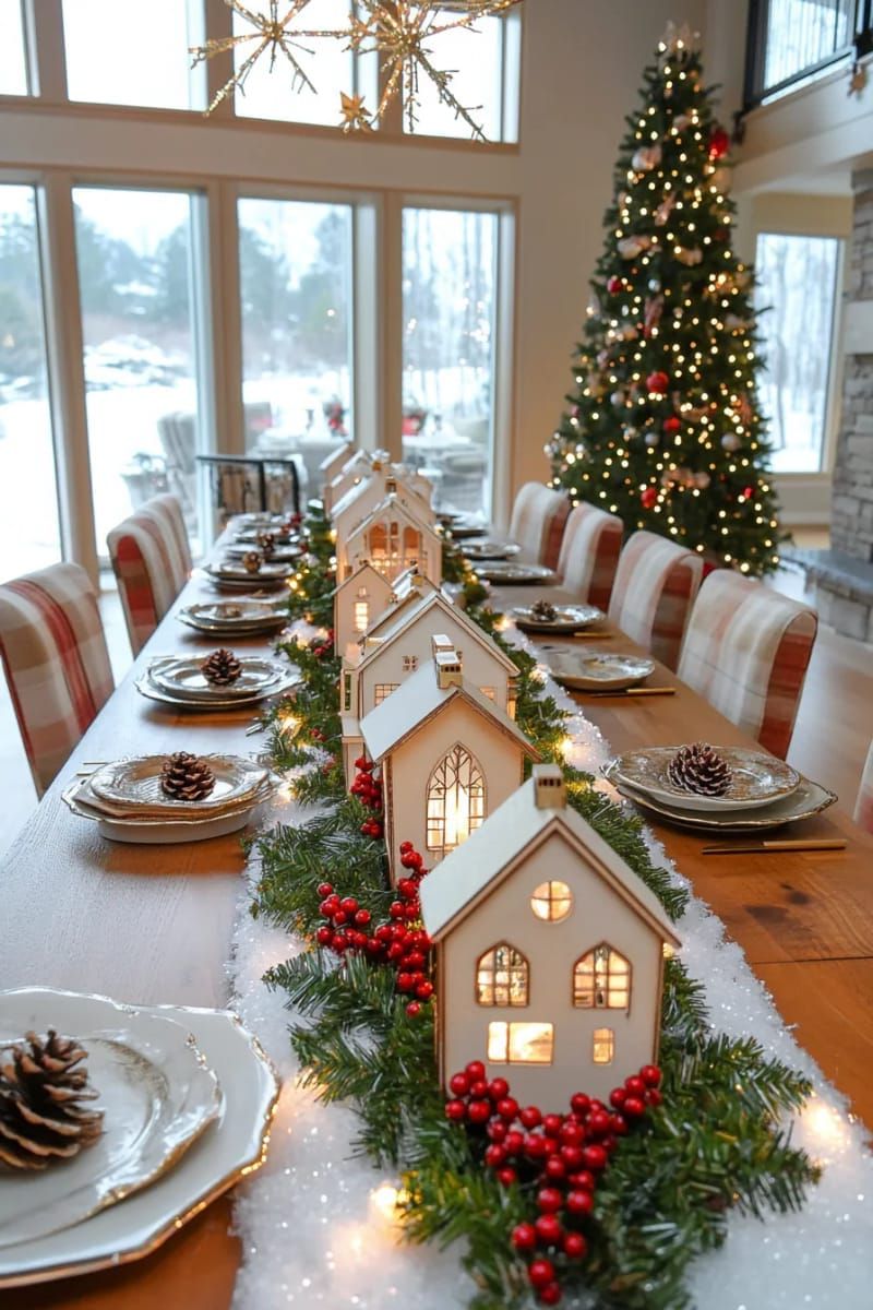 28. Faux Snow Runner With Mini Wooden Cottages