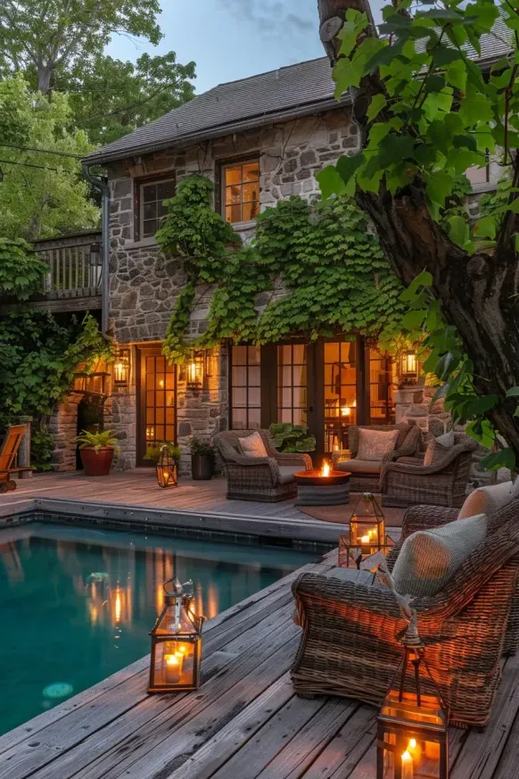Cottage-Style Pool with Lantern Lighting