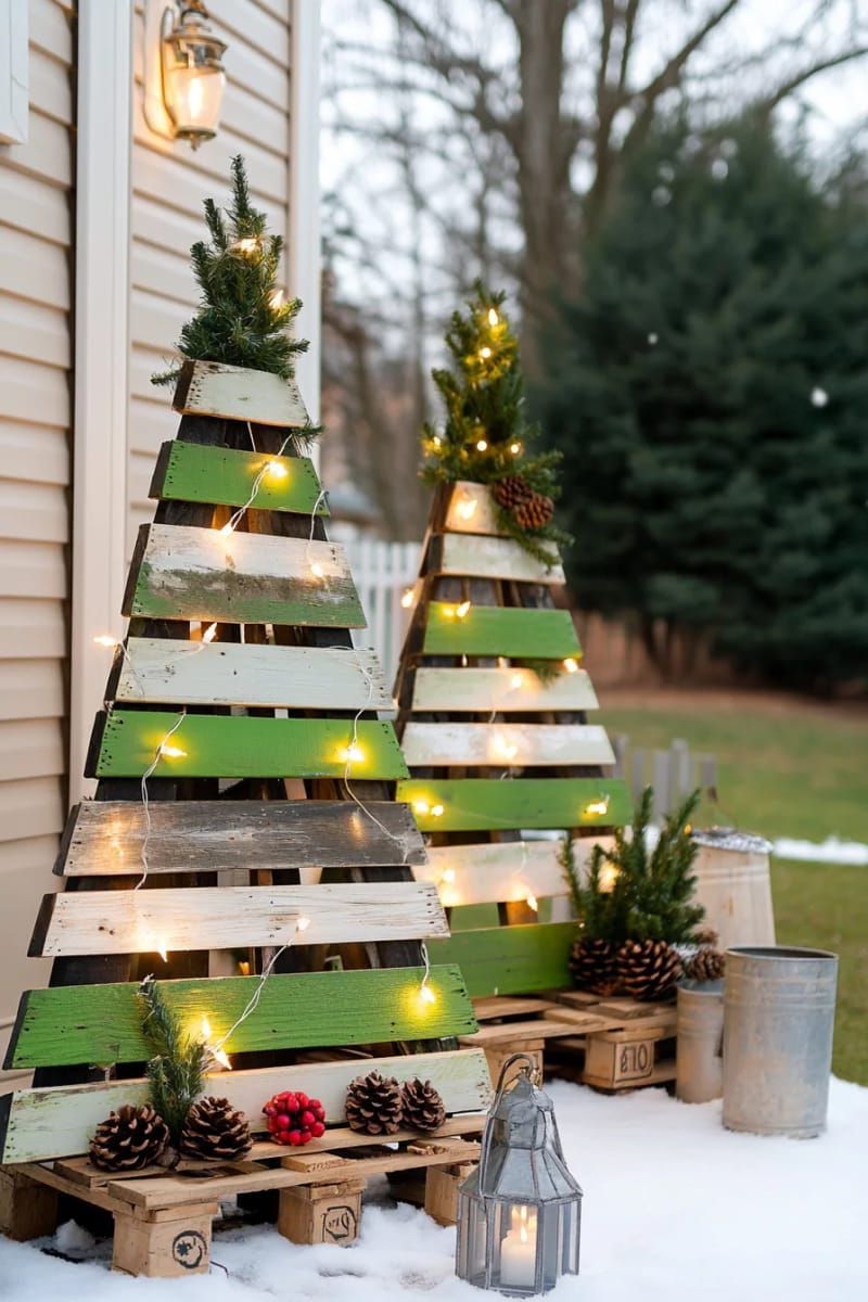 7. Outdoor pallet tree cluster with warm lighting