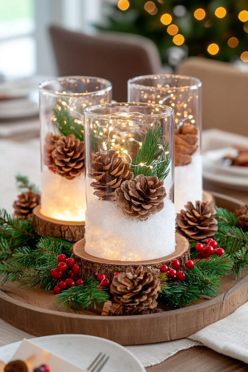 7. Cylinder Vases with Snow and Lights