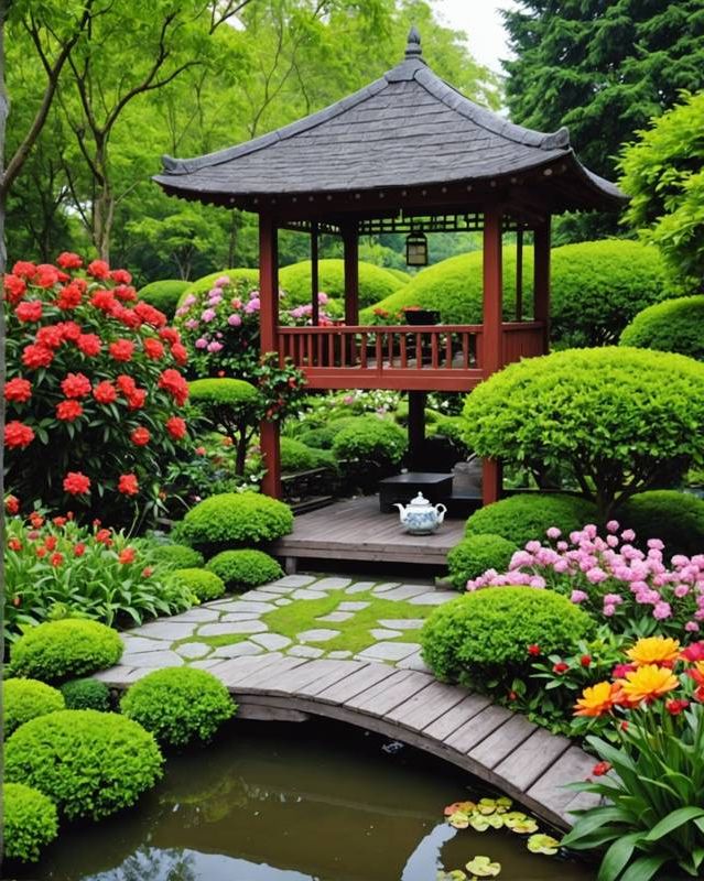 Tea House Set Among Colorful Flower Beds
