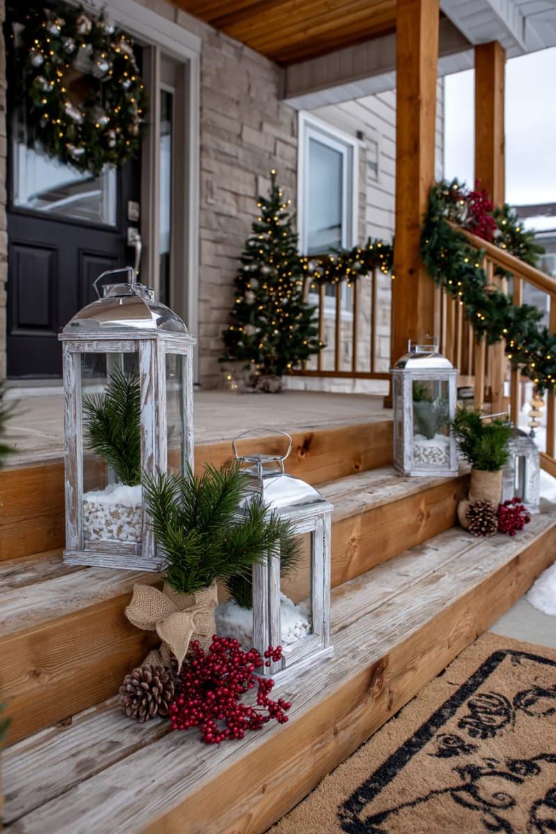 13. French country lanterns with faux snow and greenery