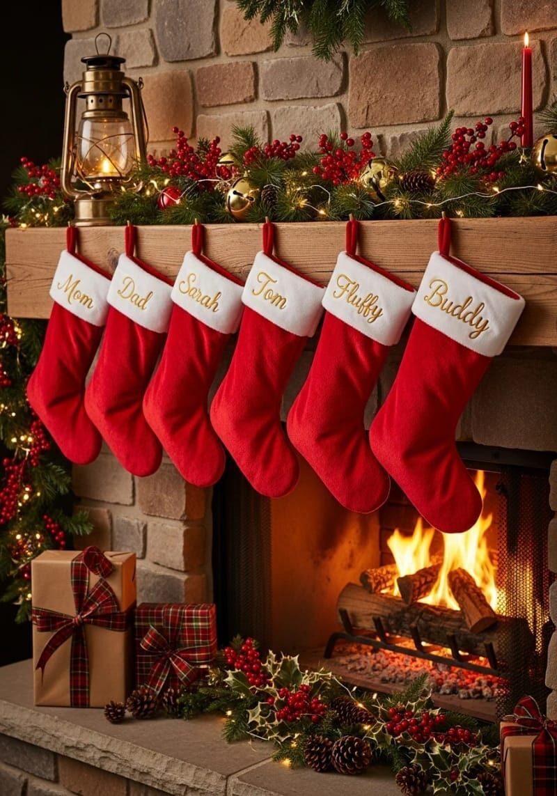 9. Personalized Red Stockings on the Mantel