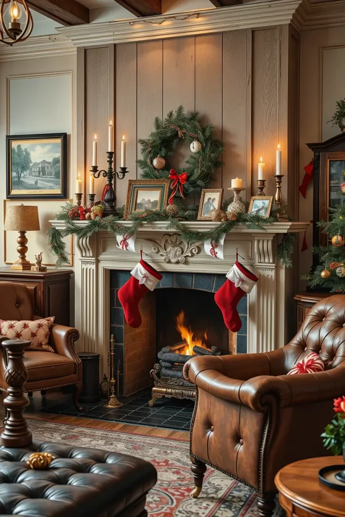 Styling Holiday Ornaments on an Antique Mantel